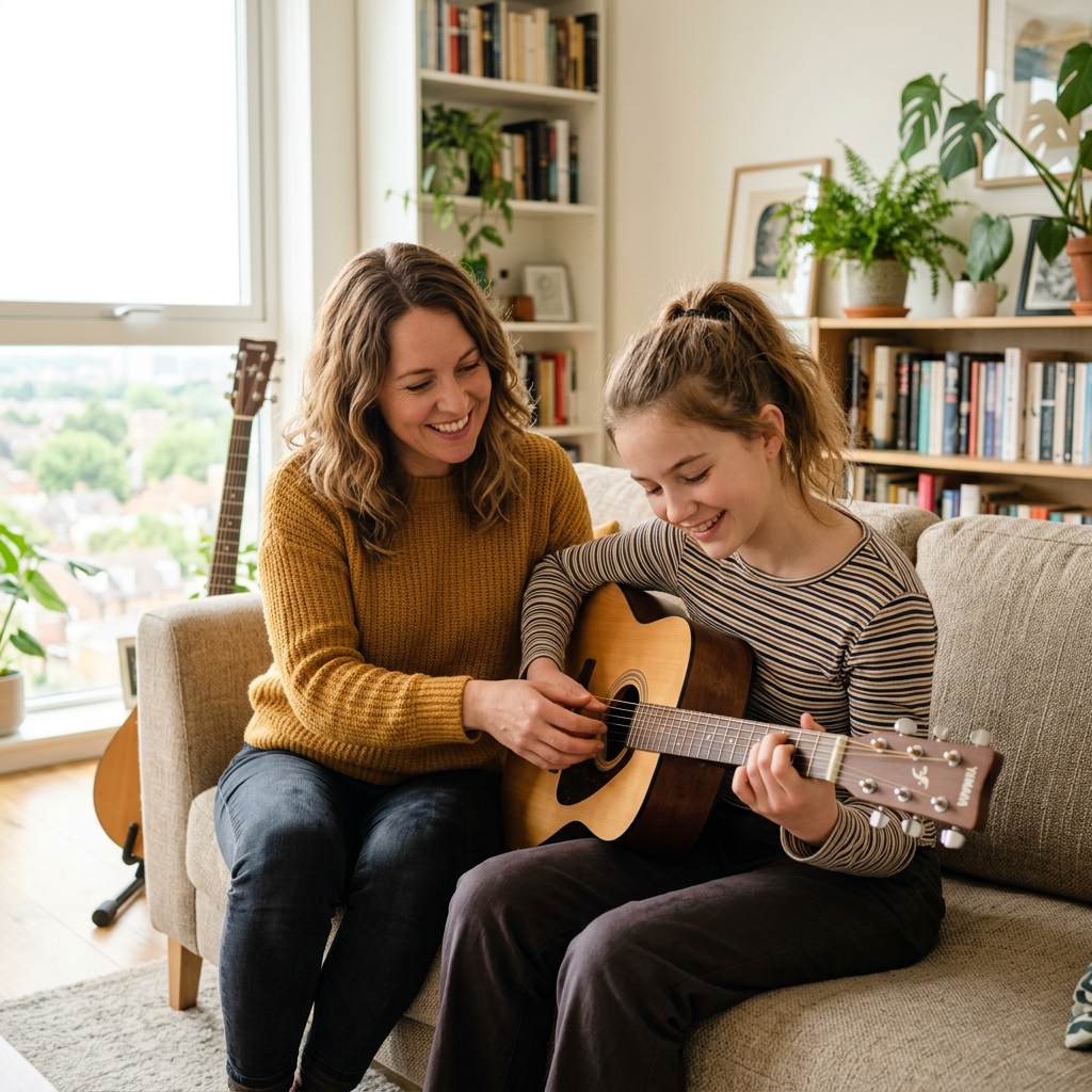 Guitar teacher assisting student