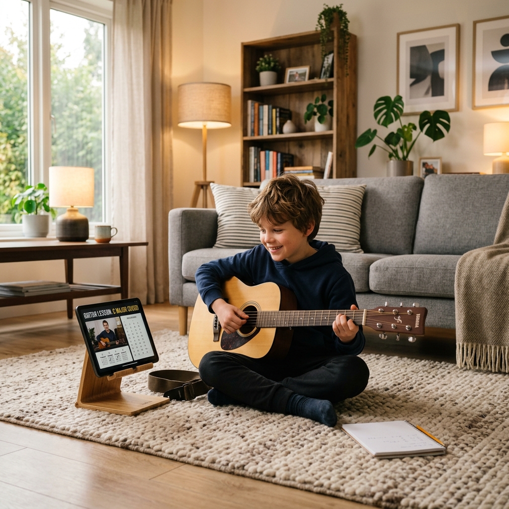Student practicing acoustic guitar